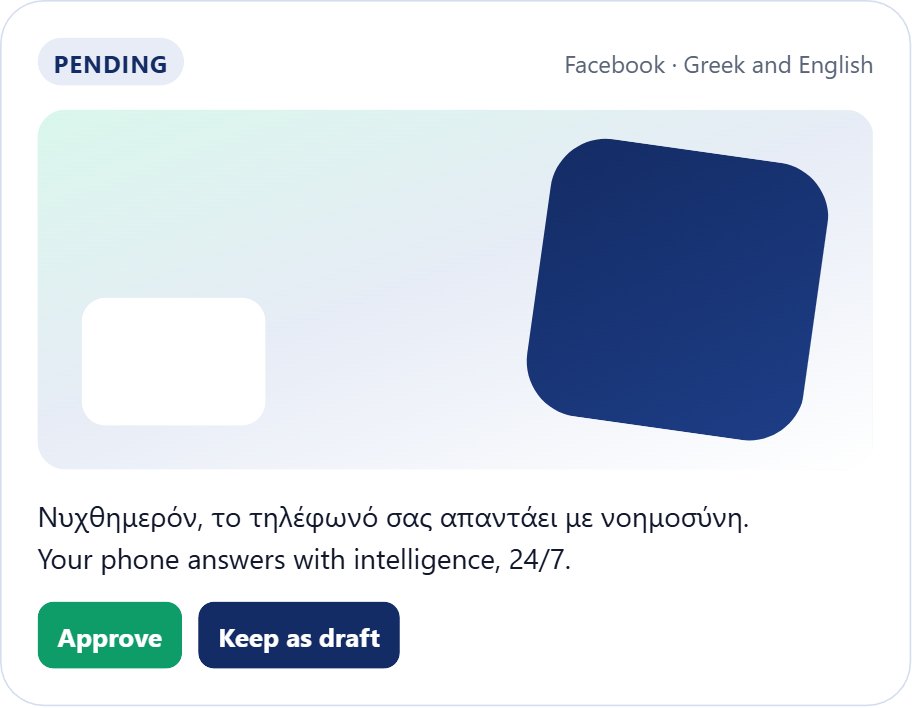 Bilingual Facebook post waiting, with Approve and Keep as draft